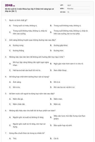 Đề thi cuối kì 2 môn Khoa học lớp 4 Chân trời sáng tạo có đáp án (Đề 1)