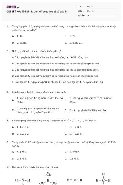 Giải SBT Hóa 10 Bài 11: Liên kết cộng hóa trị có đáp án