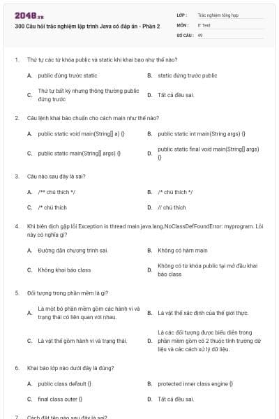 300 Câu hỏi trắc nghiệm lập trình Java có đáp án - Phần 2