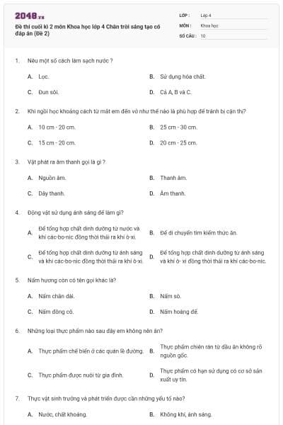 Đề thi cuối kì 2 môn Khoa học lớp 4 Chân trời sáng tạo có đáp án (Đề 2)