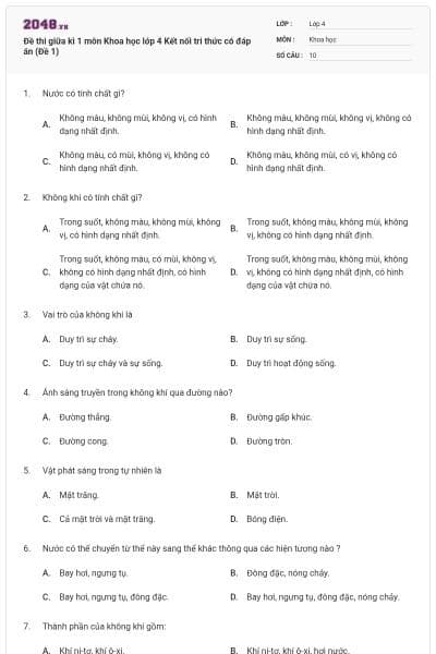 Đề thi giữa kì 1 môn Khoa học lớp 4 Kết nối tri thức có đáp án (Đề 1)