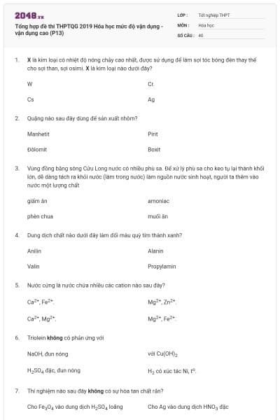 Tổng hợp đề thi THPTQG 2019 Hóa học mức độ vận dụng - vận dụng cao (P13)