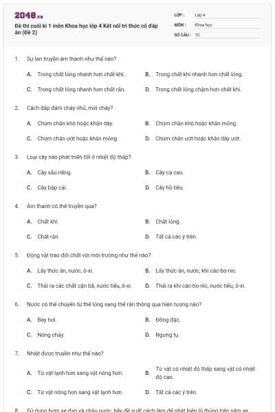 Đề thi cuối kì 1 môn Khoa học lớp 4 Kết nối tri thức có đáp án (Đề 2)