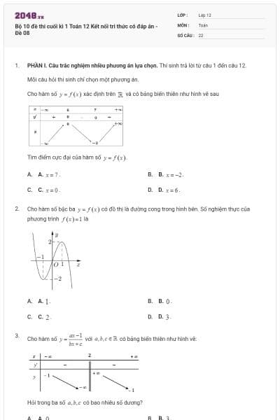 Bộ 10 đề thi cuối kì 1 Toán 12 Kết nối tri thức có đáp án - Đề 08