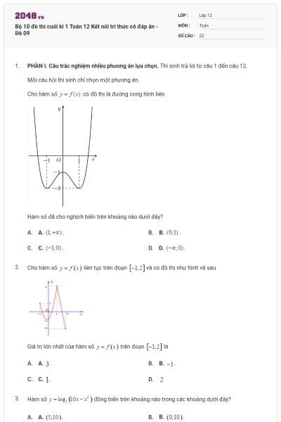 Bộ 10 đề thi cuối kì 1 Toán 12 Kết nối tri thức có đáp án - Đề 09