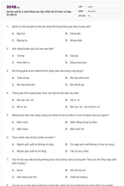 Đề thi cuối kì 2 môn Khoa học lớp 4 Kết nối tri thức có đáp án (Đề 2)