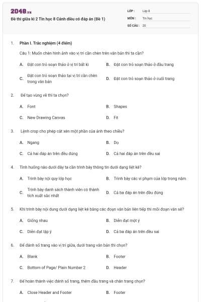 Đề thi giữa kì 2 Tin học 8 Cánh diều có đáp án (Đề 1)