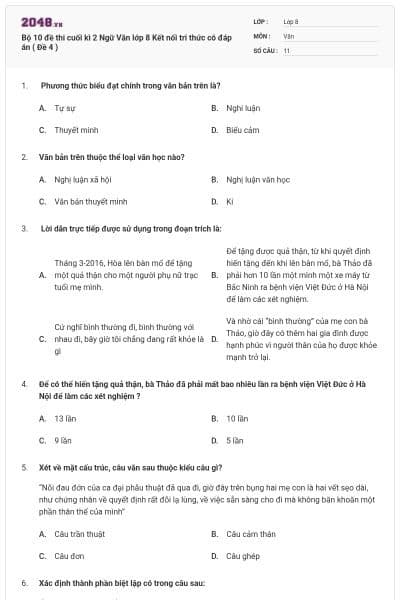 Bộ 10 đề thi cuối kì 2 Ngữ Văn lớp 8 Kết nối tri thức có đáp án ( Đề 4 )