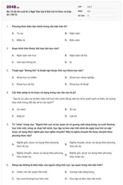 Bộ 10 đề thi cuối kì 2 Ngữ Văn lớp 8 Kết nối tri thức có đáp án ( Đề 5)