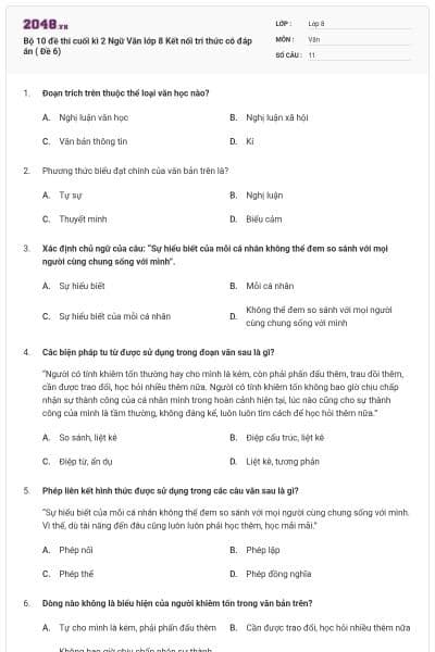 Bộ 10 đề thi cuối kì 2 Ngữ Văn lớp 8 Kết nối tri thức có đáp án ( Đề 6)