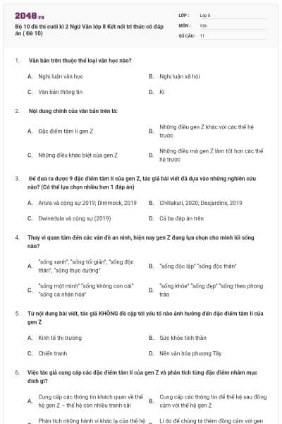 Bộ 10 đề thi cuối kì 2 Ngữ Văn lớp 8 Kết nối tri thức có đáp án ( Đề 10)