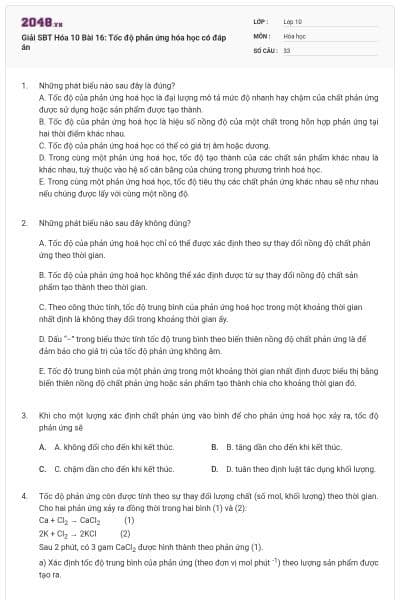 Giải SBT Hóa 10 Bài 16: Tốc độ phản ứng hóa học có đáp án