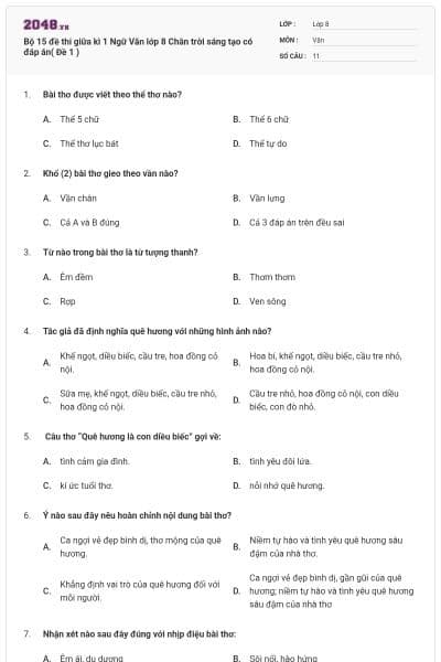 Bộ 15 đề thi giữa kì 1 Ngữ Văn lớp 8 Chân trời sáng tạo có đáp án( Đề 1 )