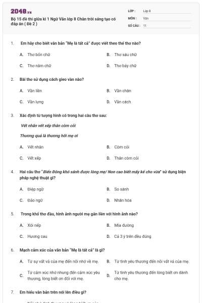Bộ 15 đề thi giữa kì 1 Ngữ Văn lớp 8 Chân trời sáng tạo có đáp án ( Đề 2 )