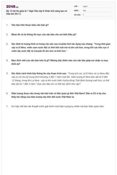 Bộ 15 đề thi giữa kì 1 Ngữ Văn lớp 8 Chân trời sáng tạo có đáp án( Đề 3 )