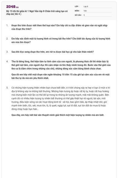 Bộ 15 đề thi giữa kì 1 Ngữ Văn lớp 8 Chân trời sáng tạo có đáp án( Đề 4 )