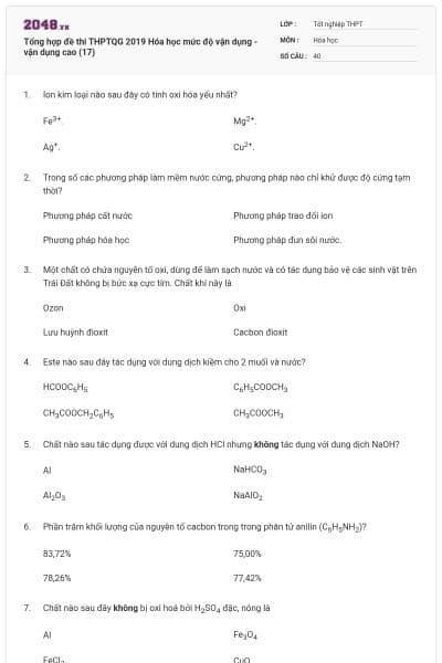 Tổng hợp đề thi THPTQG 2019 Hóa học mức độ vận dụng - vận dụng cao (17)