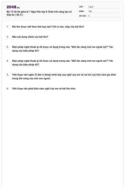 Bộ 15 đề thi giữa kì 1 Ngữ Văn lớp 8 Chân trời sáng tạo có đáp án ( Đề 5 )