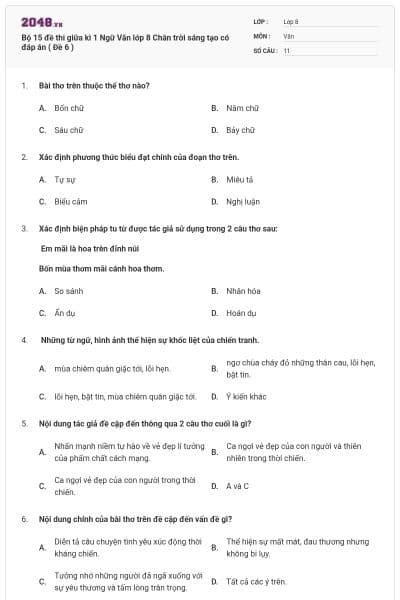 Bộ 15 đề thi giữa kì 1 Ngữ Văn lớp 8 Chân trời sáng tạo có đáp án ( Đề 6 )