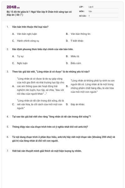 Bộ 15 đề thi giữa kì 1 Ngữ Văn lớp 8 Chân trời sáng tạo có đáp án ( Đề 7 )
