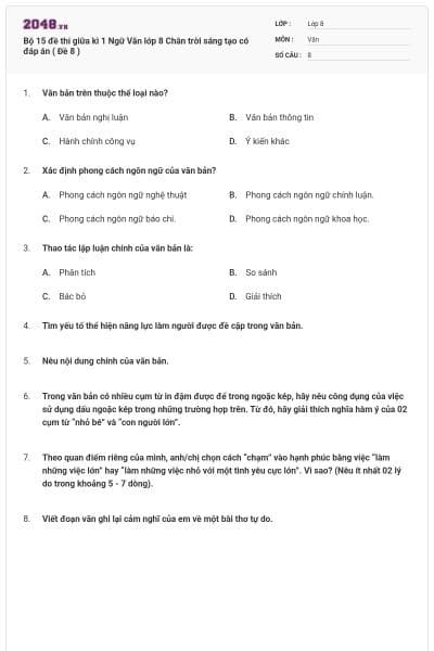 Bộ 15 đề thi giữa kì 1 Ngữ Văn lớp 8 Chân trời sáng tạo có đáp án ( Đề 8 )