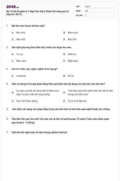 Bộ 15 đề thi giữa kì 1 Ngữ Văn lớp 8 Chân trời sáng tạo có đáp án ( Đề 9 )