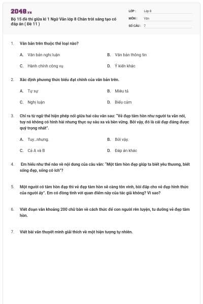Bộ 15 đề thi giữa kì 1 Ngữ Văn lớp 8 Chân trời sáng tạo có đáp án ( Đề 11 )