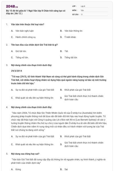 Bộ 15 đề thi giữa kì 1 Ngữ Văn lớp 8 Chân trời sáng tạo có đáp án ( Đề 12 )
