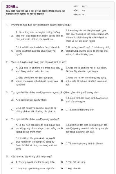 Giải SBT Ngữ văn lớp 7 Bài 6: Tục ngữ về thiên nhiên, lao động và con người, xã hội có đáp án