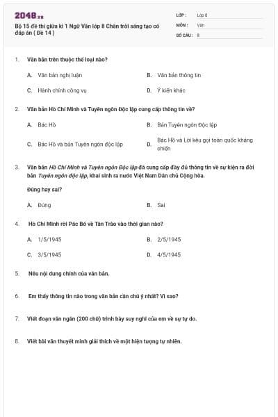 Bộ 15 đề thi giữa kì 1 Ngữ Văn lớp 8 Chân trời sáng tạo có đáp án ( Đề 14 )