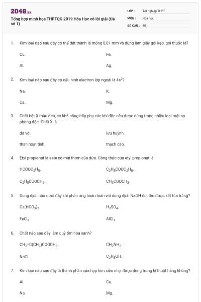 Tổng hợp minh họa THPTQG 2019 Hóa Học có lời giải (Đề số 1)