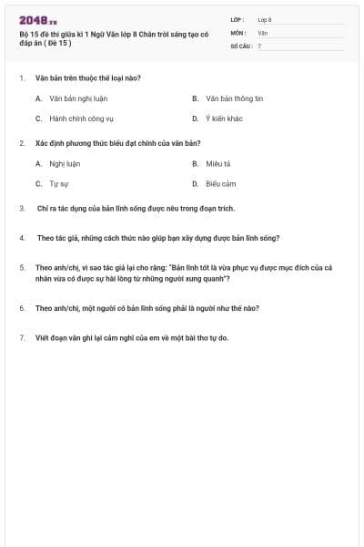 Bộ 15 đề thi giữa kì 1 Ngữ Văn lớp 8 Chân trời sáng tạo có đáp án ( Đề 15 )