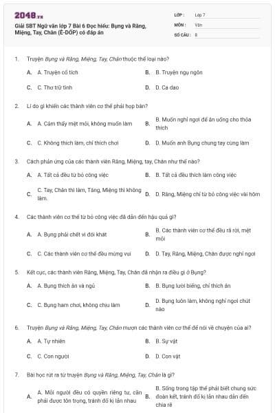 Giải SBT Ngữ văn lớp 7 Bài 6 Đọc hiểu: Bụng và Răng, Miệng, Tay, Chân (Ê-DỐP) có đáp án