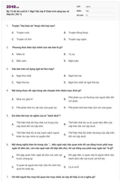Bộ 15 đề thi cuối kì 1 Ngữ Văn lớp 8 Chân trời sáng tạo có đáp án ( Đề 1)