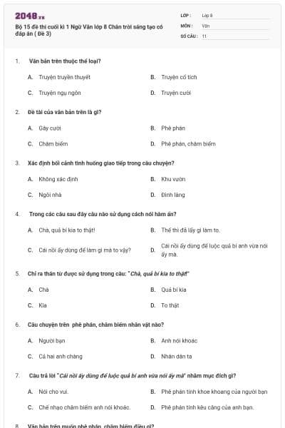 Bộ 15 đề thi cuối kì 1 Ngữ Văn lớp 8 Chân trời sáng tạo có đáp án ( Đề 3)