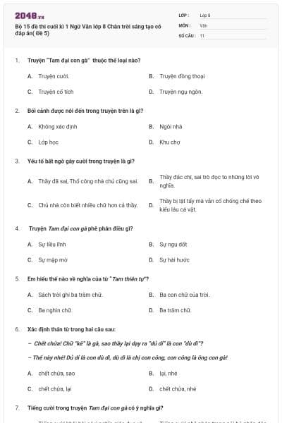 Bộ 15 đề thi cuối kì 1 Ngữ Văn lớp 8 Chân trời sáng tạo có đáp án( Đề 5)