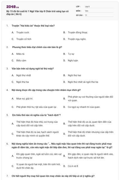 Bộ 15 đề thi cuối kì 1 Ngữ Văn lớp 8 Chân trời sáng tạo có đáp án ( Đề 6)