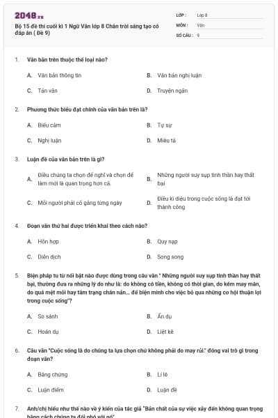 Bộ 15 đề thi cuối kì 1 Ngữ Văn lớp 8 Chân trời sáng tạo có đáp án ( Đề 9)