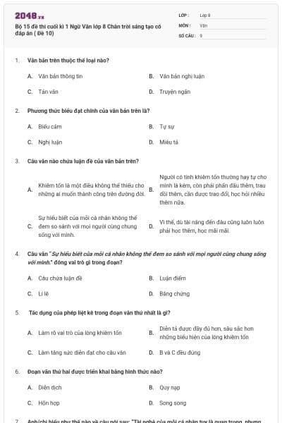 Bộ 15 đề thi cuối kì 1 Ngữ Văn lớp 8 Chân trời sáng tạo có đáp án ( Đề 10)
