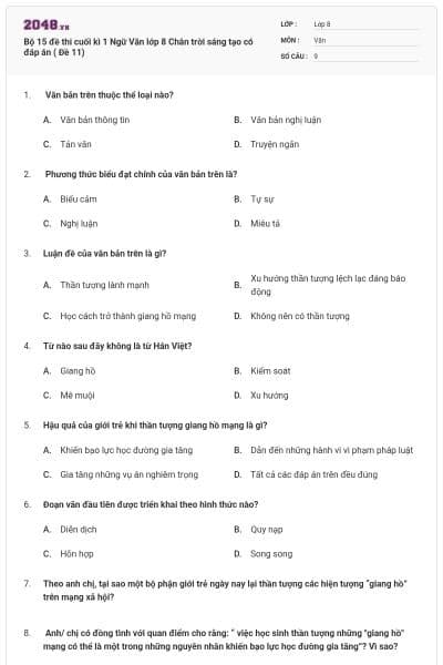 Bộ 15 đề thi cuối kì 1 Ngữ Văn lớp 8 Chân trời sáng tạo có đáp án ( Đề 11)
