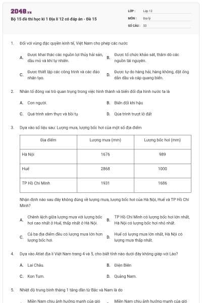 Bộ 15 đề thi học kì 1 Địa lí 12 có đáp án - Đề 15