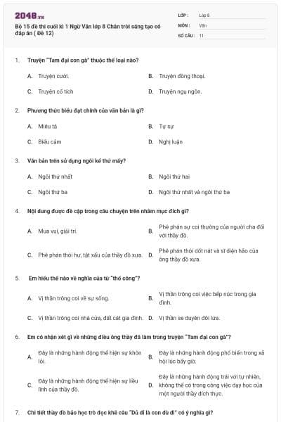Bộ 15 đề thi cuối kì 1 Ngữ Văn lớp 8 Chân trời sáng tạo có đáp án ( Đề 12)