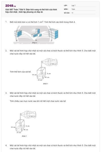 Giải SBT Toán 7 Bài 9: Diện tích xung và thể tích của hình hộp chữ nhật , hình lập phương có đáp án