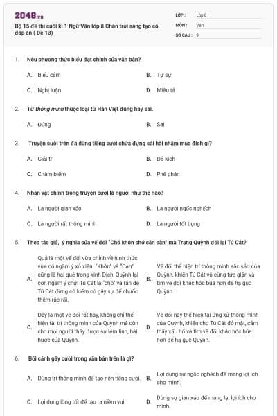 Bộ 15 đề thi cuối kì 1 Ngữ Văn lớp 8 Chân trời sáng tạo có đáp án ( Đề 13)