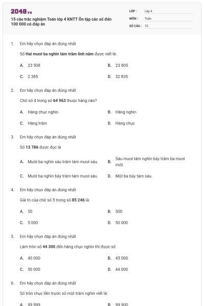 15 câu trắc nghiệm Toán lớp 4 KNTT Ôn tập các số đến 100 000 có đáp án