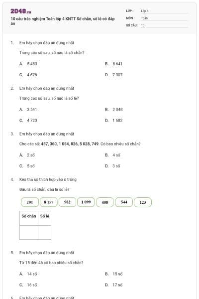 10 câu trắc nghiệm Toán lớp 4 KNTT Số chẵn, số lẻ có đáp án