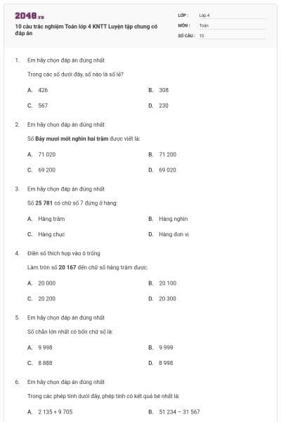 10 câu trắc nghiệm Toán lớp 4 KNTT Luyện tập chung có đáp án
