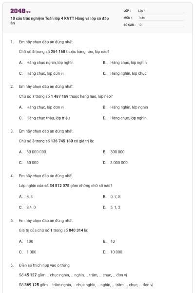 10 câu trắc nghiệm Toán lớp 4 KNTT Hàng và lớp có đáp án