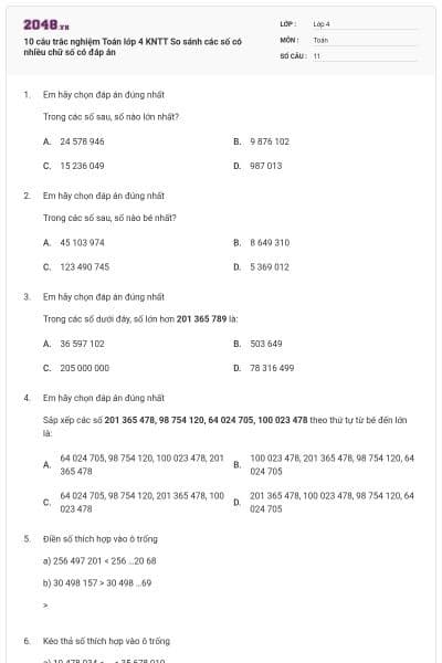 10 câu trắc nghiệm Toán lớp 4 KNTT So sánh các số có nhiều chữ số có đáp án