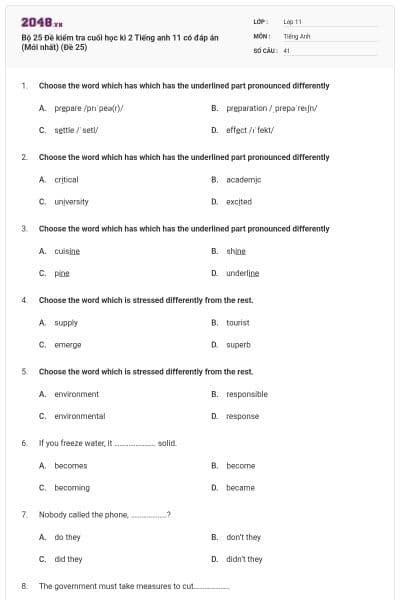 Bộ 25 Đề kiểm tra cuối học kì 2 Tiếng anh 11 có đáp án (Mới nhất) (Đề 25)